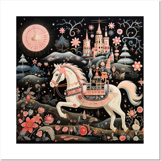 Surrealistic Folk Art Dark Floral Motif Horse Design Wall Art by The Little Store Of Magic
